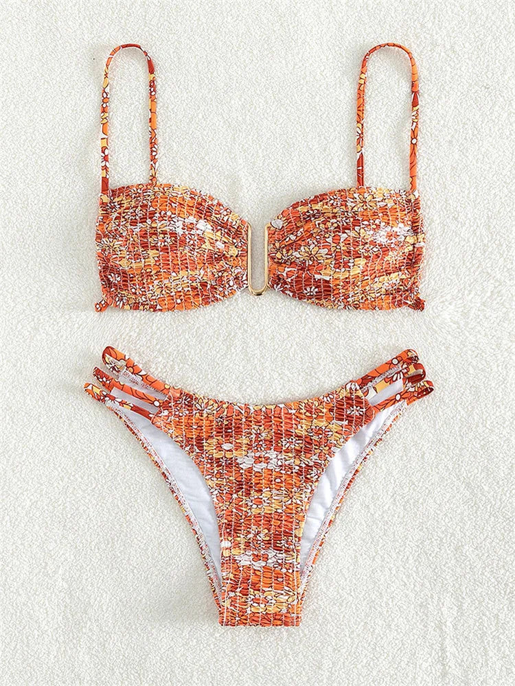 Sexy Pleate Micro Bikini Women U Neck Push Up Orange Floral Print Micro Swimsuit 2025 Summer Bathing Suit Lace Up Thong Swimwear
