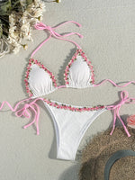 Sexy 3D Floral Bikini Set 2025 Women White Pink Contrast Push Up Bra Tie Side Thong Swimsuit Beach Bathing Suit Micro Swimwear