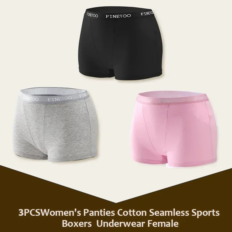 3Pcs Women's Cotton Boxers Panties Seamless Sports Underwear Female Solid Color Briefs Lingerie Intimate Underpant Finetoo S-XXL