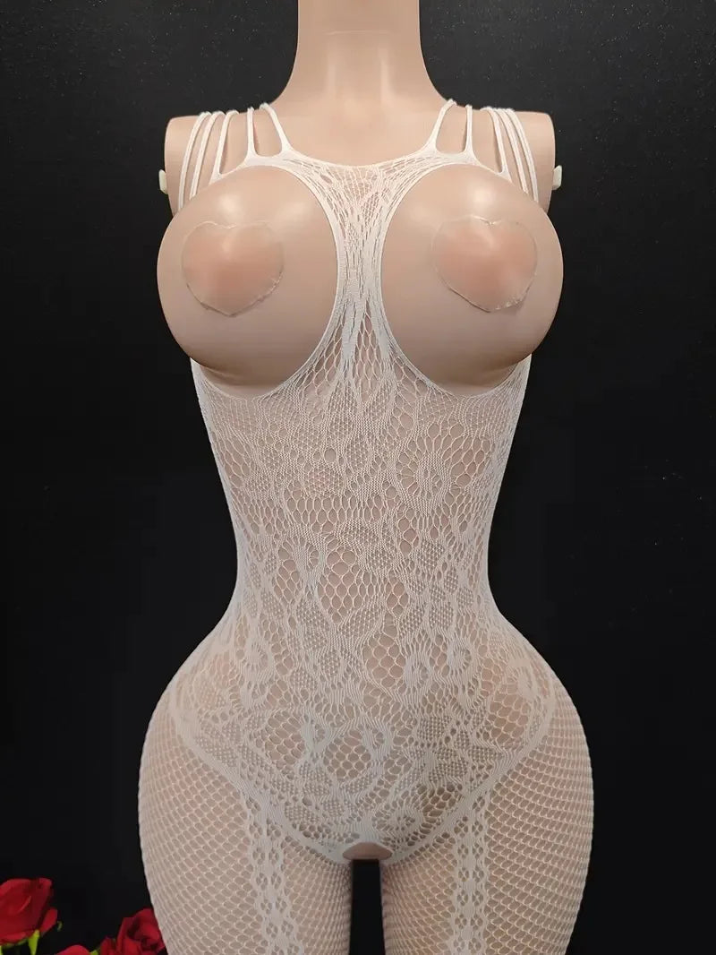 Sexy Big Loophole Open Bra BodySuits Erotic Crotchless Lingerie Women Fishnet Hollow Exposed Breast Adult Plus Size Underwear