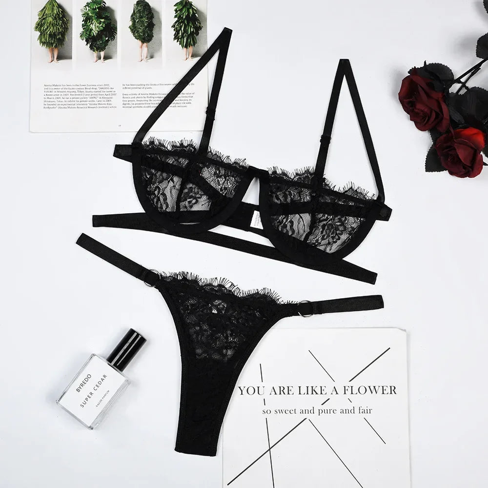 Sexy Lace Bra And Thong Set Woman Porn Fancy Sensual Luxury LingerieTransparent Underwear Exotic Sets For Women's Panty Set