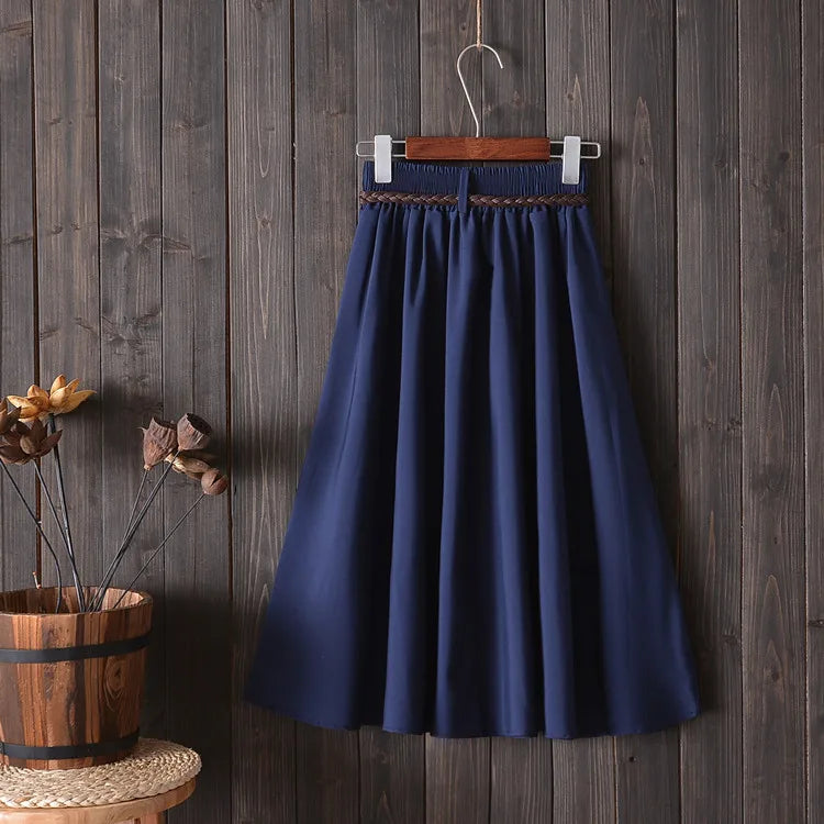 Midi Knee Length Summer Skirt Women With BeltFashion Korean Ladies High Waist Pleated A-line School Skirt Female