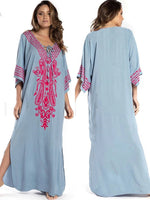 2026 Indie Folk Embroidered Short Sleeve Summer Dress Cotton Tunic Beach Kaftan Women Beachwear Swimsuit Cover Up Robe de plage
