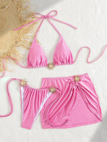 Sexy Pink Bikini 2025 Mujer Women Metal Sun Ornament Push Up Mesh Skirt 3 Piece Swimsuit Summer Bathing Suit Vacation Swimwear