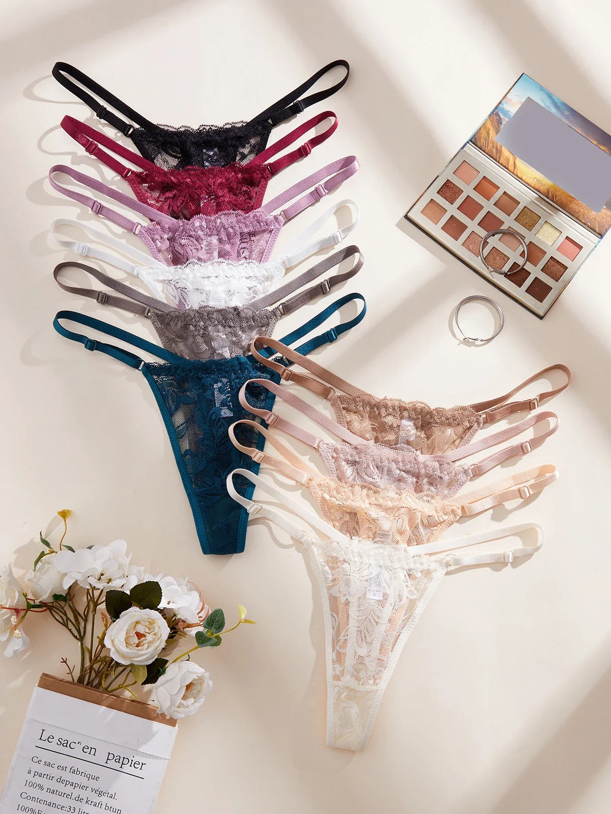 10Pcs/Set Lace Women Panties Low-Waist Sexy Hollow Out G-String Elastic Adjustable Waistband Sexy Lingerie Women's Underwear