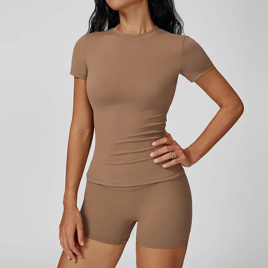 New Yoga Set Two Piece Women Short Sleeve Top with High Waist Leggings Seamless Workout Clothes Patchwork Sport Fitness Gym Sets