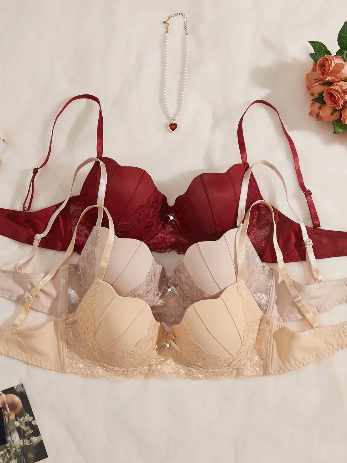 3PCS/Set Women's Floral Lace Bra Set French Underwear Comfortable Push up Bra Intimates Lingerie with Rhinestone Bow