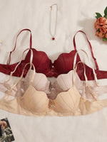 3PCS/Set Women's Floral Lace Bra Set French Underwear Comfortable Push up Bra Intimates Lingerie with Rhinestone Bow