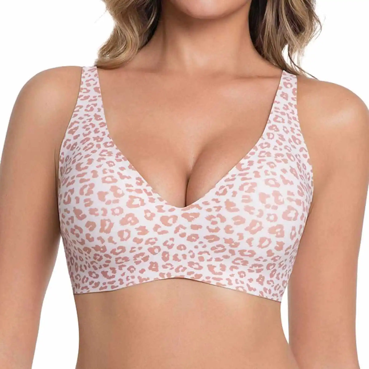 Pink Leopard Print Wire-free Seamless Bra Full Cup TThin Molded 3D Jelly Soft Support Bra Comfortable and Breathable Plus Up