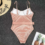 2024 New Sexy Velvet One-Piece Black Bikini Belt Swimsuit Women Solid Push Up Swimwear Female Brazilian Beach Bathing Suit