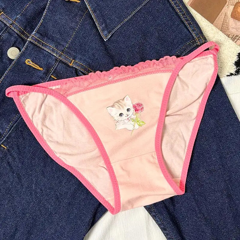 Cotton Girls Panties Cute Cat Sexy Japanese Lace Women Briefs Lady ThongUnderwear G String Female Low Waist Lingerie