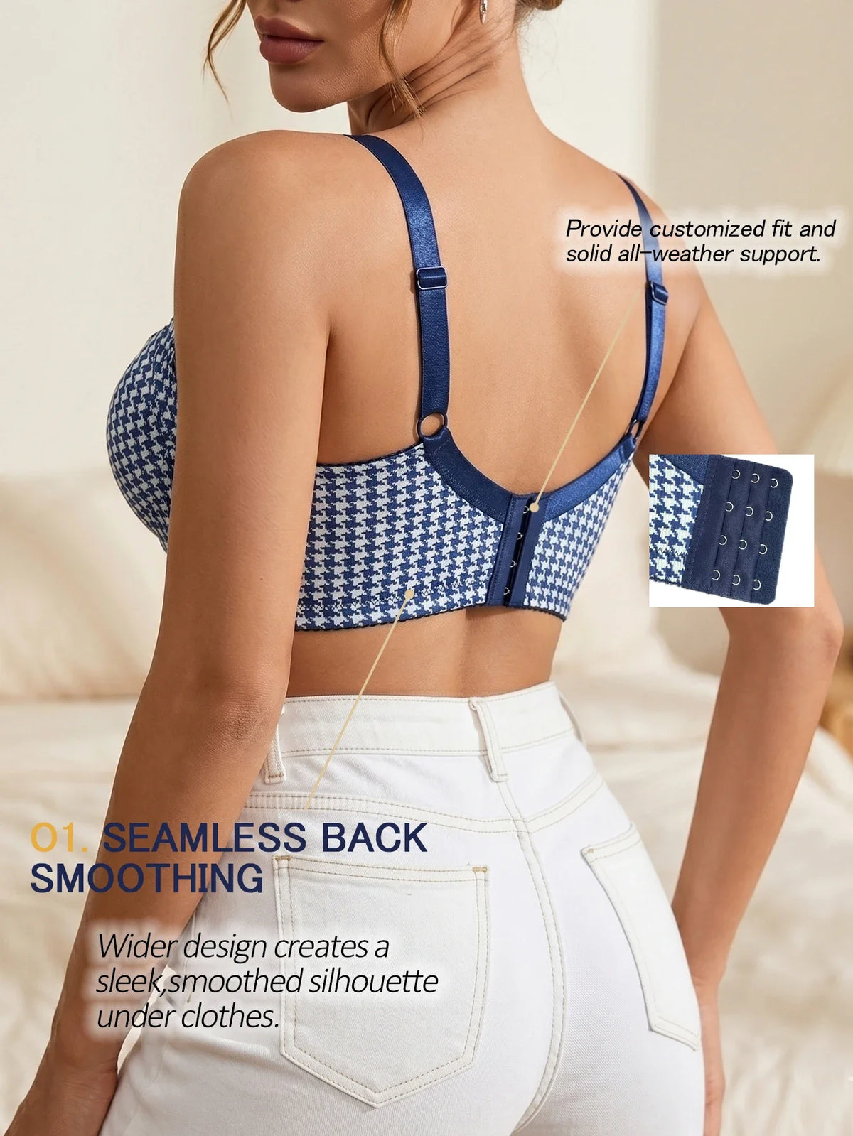 Women's Houndstooth Print Push-Up Bra Wide Elastic Straps Underwear Underwire Side Smoothing & Supportive Bra Women