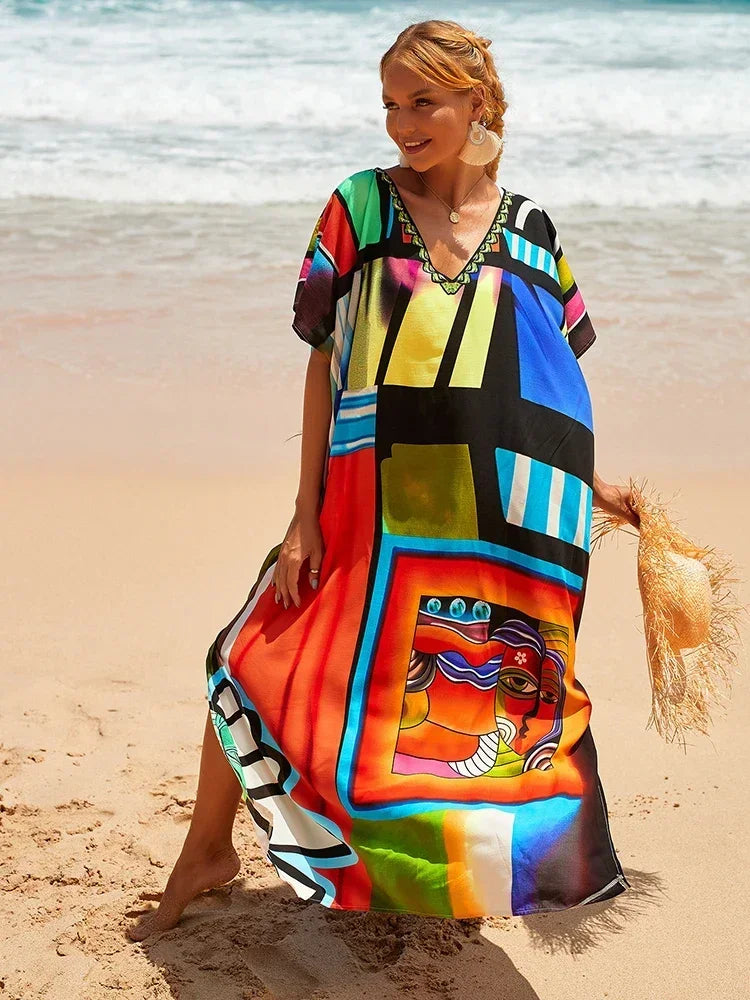 2025 Loose Boho Style Maxi Dress Print Face Swim Suit Cover-up Bohemian Dress Robe Plage Kaftan Maxi Dress Beach Wear Tunics