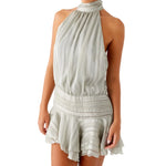 Women Summer Sexy Party Club Mini Halter Neck Dresses Pleated Sleeveless Open Back A-line Layered Ruffle Short Dress
