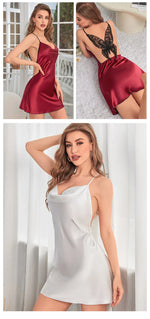 Sexy Short Backless Suspender Skirt Summer Ice Silk Thin Dress Women's Solid Color V-neck Home Nightgown Sleepwear Pjs Set