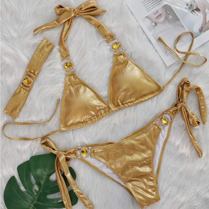 Glossy Sexy Bikinis 2026 Swimsuit With Rhinestones Women Swimwear Female Push Up Bikini Beach Swim Wear Bathing Suit Pool Bather