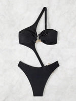 2026 Women's Sexy Black Cut-Out Bikini One Shoulder Metal Designer Backless Thong One-Piece Swimsuit Summer Swimsuit бикини