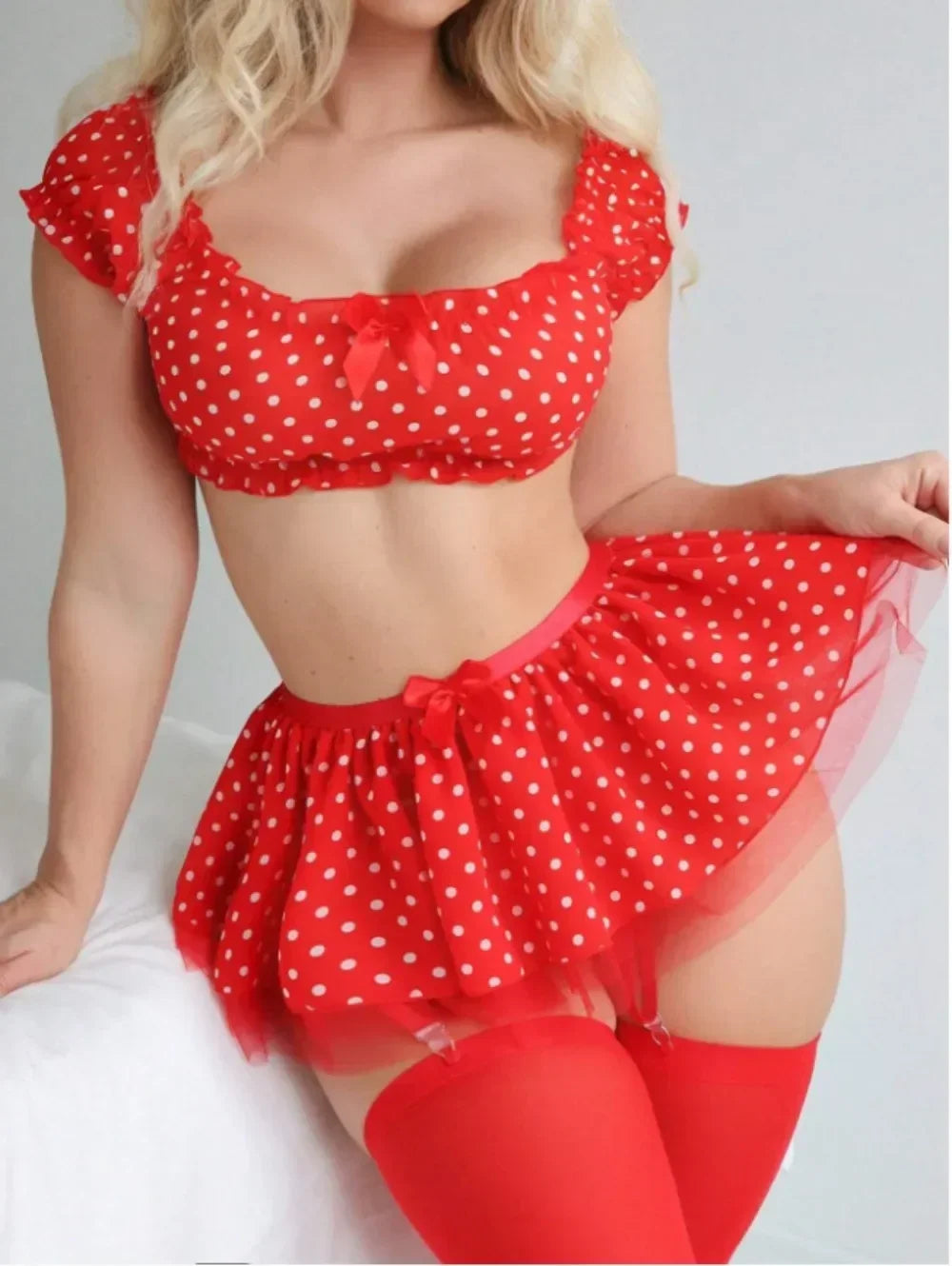 Women's EroticShort Skirt with Garter Straps Sexy Lingerie Women Sexy Polka Dot Off Shoulder Puffy Skirt PolkaExotic Set
