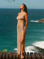 Sexy Slim Low-cut Tie Knit Halter Cut Out Circle Decoration High Slit Beach Maxi Dress 2026 Women Summer Swimsuit Cover Up K88