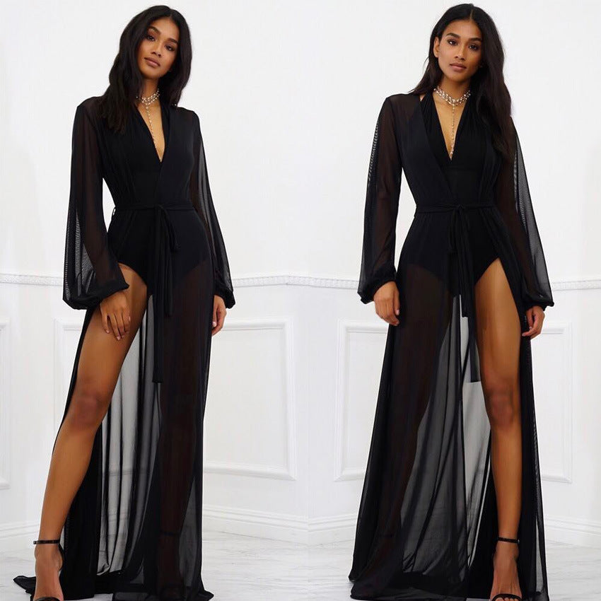 See Through Chiffon Cardigans Robes Women Bikini Cover-Ups Swimsuit Smock Long Beach Dress with Belt Sexy Bathing Suit Cover Up