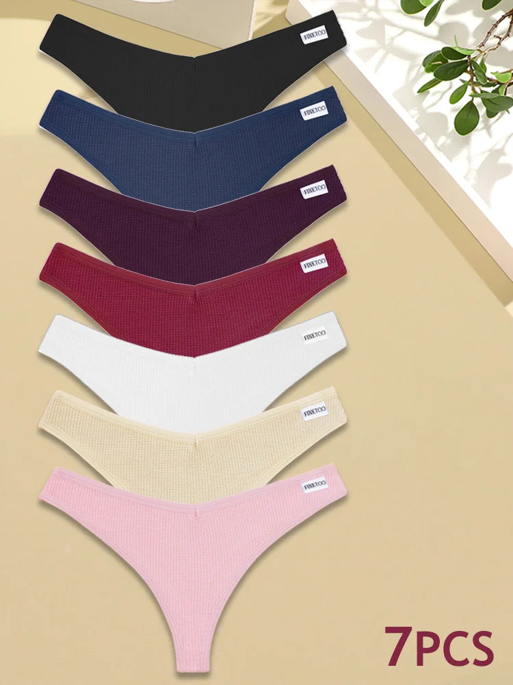 New 7Pcs Women Cotton Waffle Style G-string Panties Ladies Soft Thongs Female S-XL Low-Rise T-Back Panties Bikini Underwear 2024