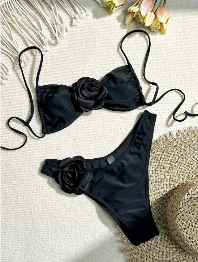 Sexy 3D Flower Patchwork Swimwear Thong Bikini 2024 Women Lace-up Swimsuit Halter Drawstring Swimming Bathing Suit Biquini Mujer