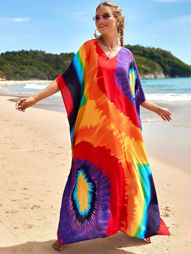 2025 Loose Boho Style Maxi Dress Print Face Swim Suit Cover-up Bohemian Dress Robe Plage Kaftan Maxi Dress Beach Wear Tunics