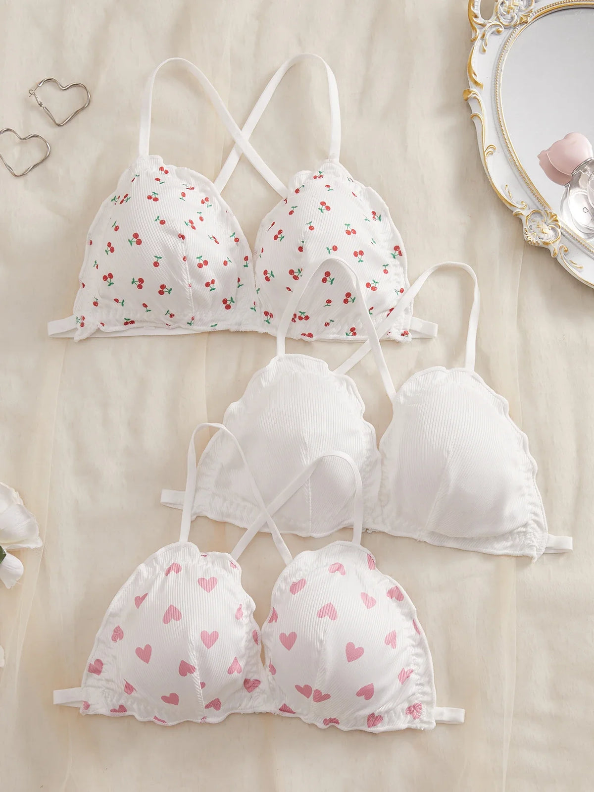 3Pcs/Set Wireless Women's Underwear Set Crisscross Back Unlined Bralette Light & Thin Japan style Lingerie Set XS-L