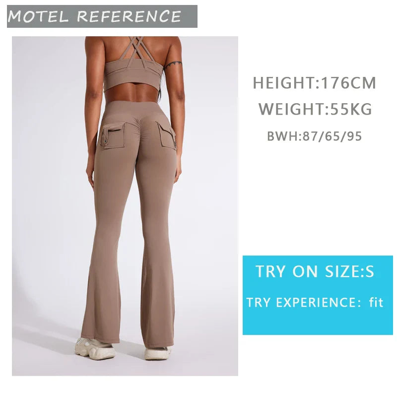 DIAS FIT JOY Women's pocket bell bottoms yoga high waisted hip lifting fitness pants quick drying running exercise fitness gym