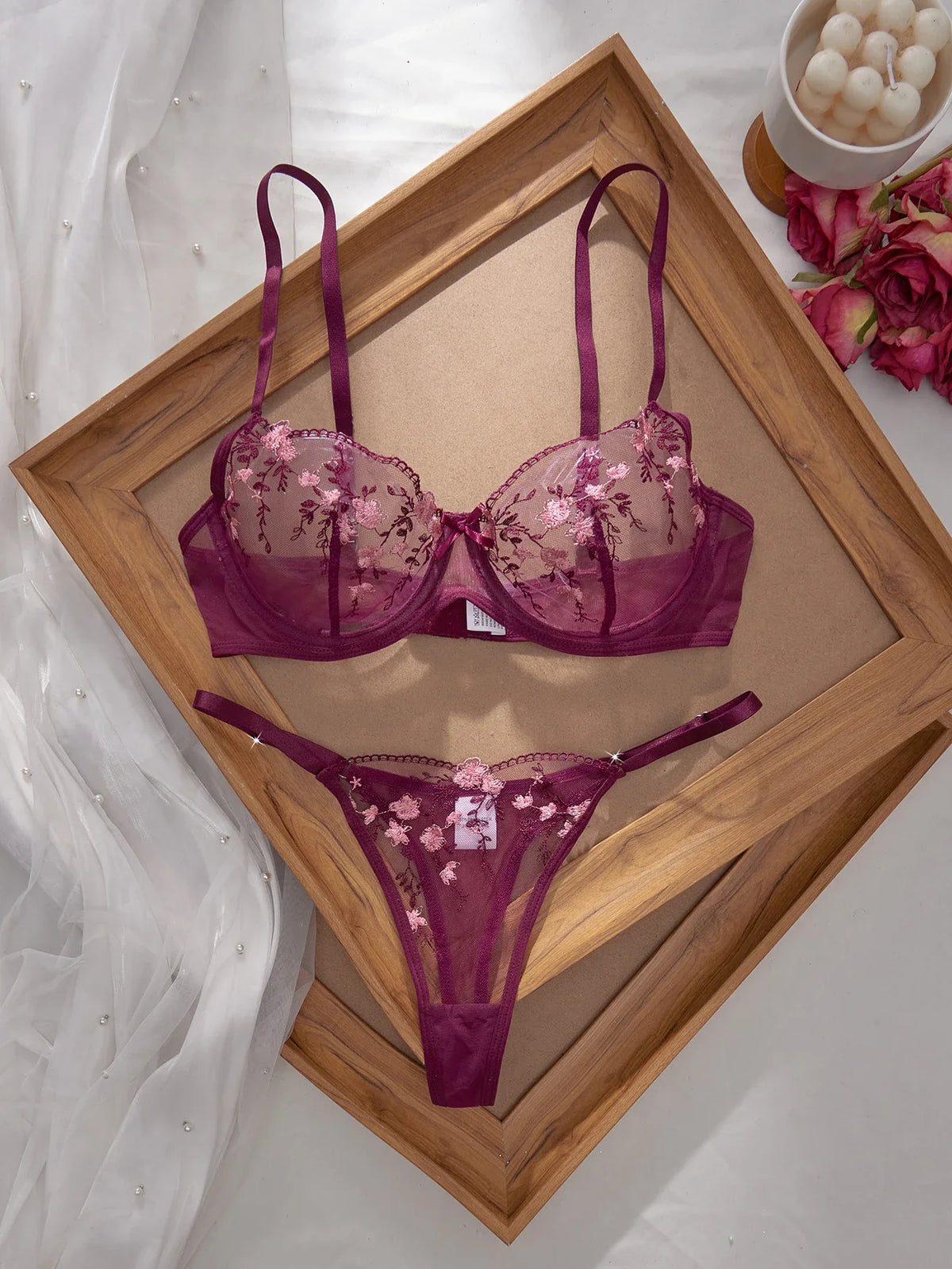 Ladies Classic Black Blue Floral Print Ultra-Thin Bra And Panties Set Elegant Underwear Combo for Women
