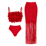 2025 Solid Red Flower Bikini Swimsuit Luxury Women Swimwear Sexy Swim Suit Deep V Monokini Off Shoulder Bodysuit Bathingsuit