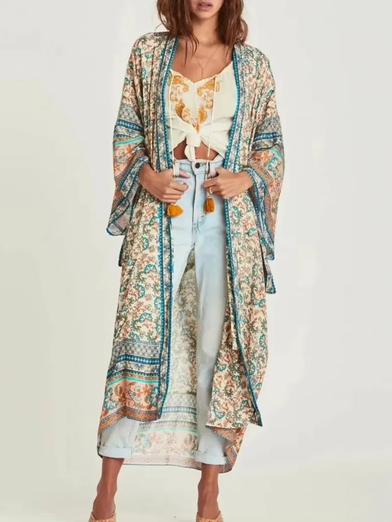 Happie Queens Women Floral Print Bat Sleeve Beach Bohemian Kimono Dress Ladies V Neck Summer Bikini Boho Cover-ups