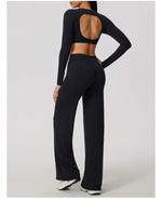 Hearuisavy Sports Set 2Pcs Women'sLong Sleeve Backless Fitted Fitness Top Push Up Pilates Yoga Top Wide Leg Straight Leg Pants