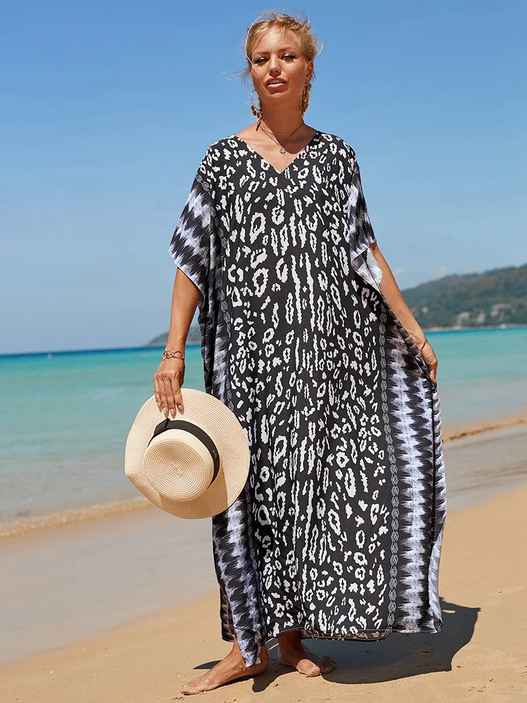 2025 Loose Boho Style Maxi Dress Print Face Swim Suit Cover-up Bohemian Dress Robe Plage Kaftan Maxi Dress Beach Wear Tunics