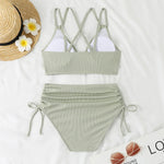 Women's Two Piece Swimsuit Black Double Strap Push Up Pleate Drawstring Side High Waist Bikini 2025 Beach Bathing Suit Swimwear