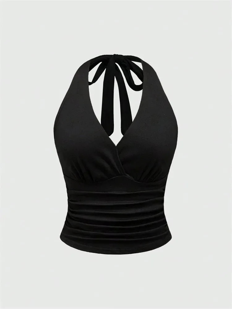 Leopard Printed V-neck Backless Halter Crop Top for Women Summer Sexy Y2K Sleeveless Ruched Top Streetwear