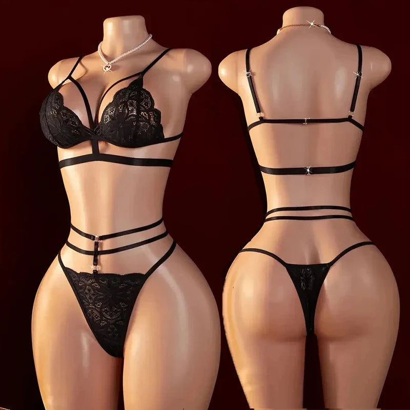 Sexy Lingerie Open Bra Set Transparent LaceDeep V Open Bra And Panty Sets Erotic Costumes Women Sleepwear Plus Size Underwear