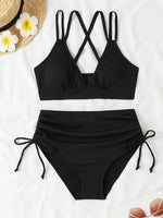 Women's Two Piece Swimsuit Black Double Strap Push Up Pleate Drawstring Side High Waist Bikini 2025 Beach Bathing Suit Swimwear