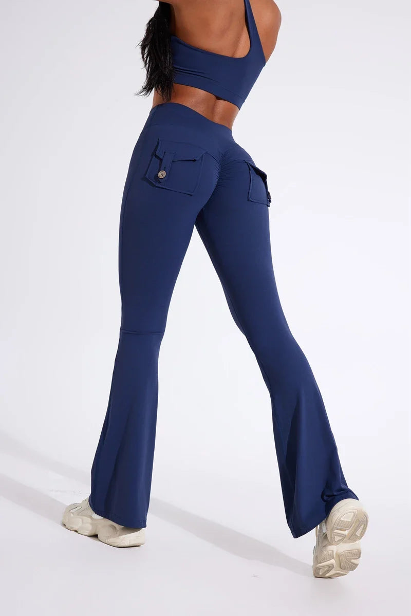 DIAS FIT JOY Women's pocket bell bottoms yoga high waisted hip lifting fitness pants quick drying running exercise fitness gym