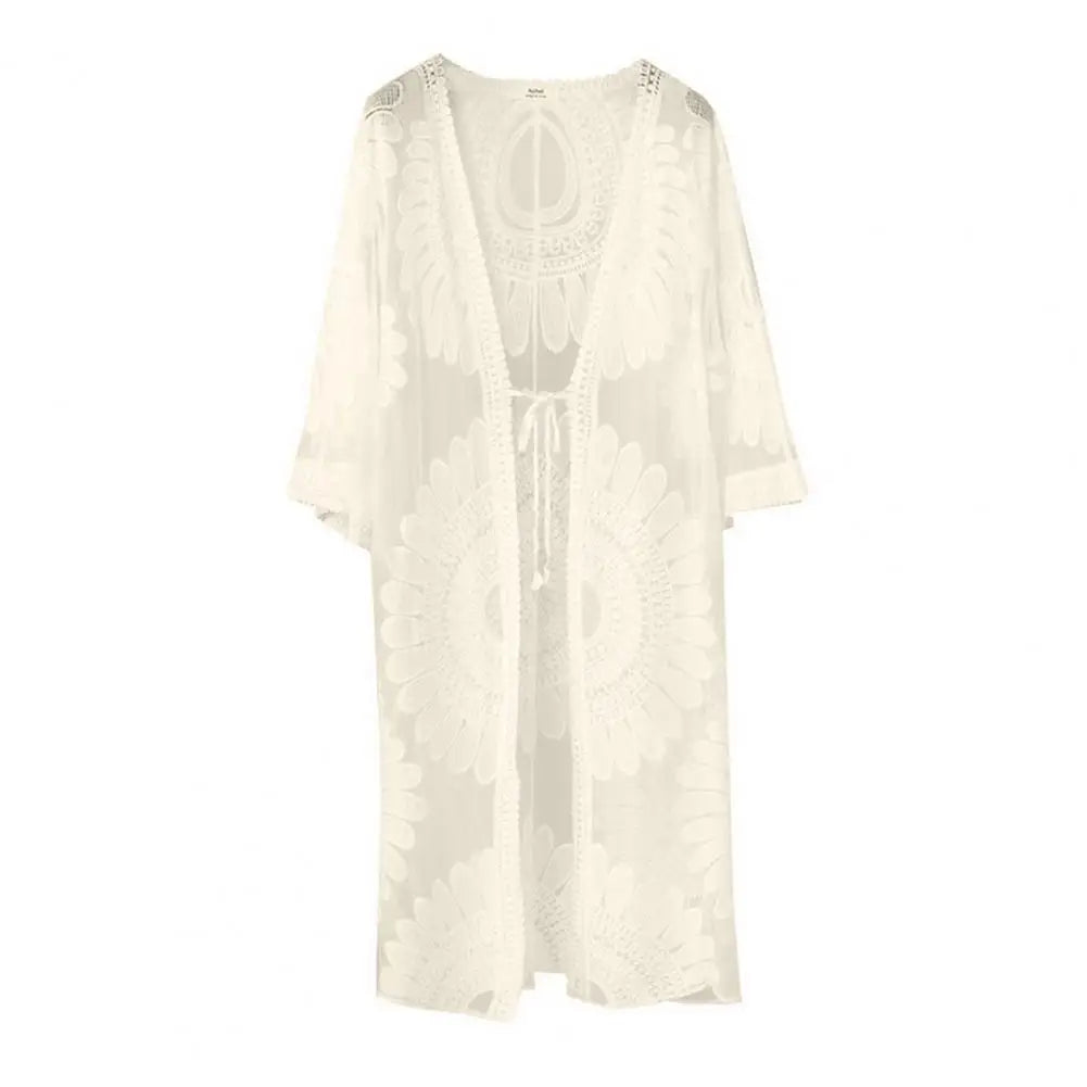 One SizeSexy Lace Up Summer Beach Cover Up Solid Color Women Beach Dress Flower Embroidery Women Clothes