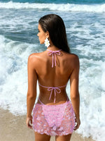 Shiny Sequin Pink Mesh Skirt 3 Piece Bikini Set Women Push Up Bra Thong Swimsuit Brazilian Beach Bathing Suit Holiday Swimwear