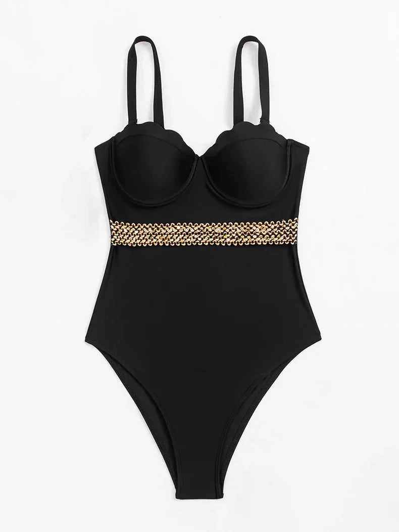 Sexy Black Knitted Patchwork One Piece Swimsuit 2026 Ruffles Push Up Underwire Slim Tummy Control Swimwear Beach Bathing Suits