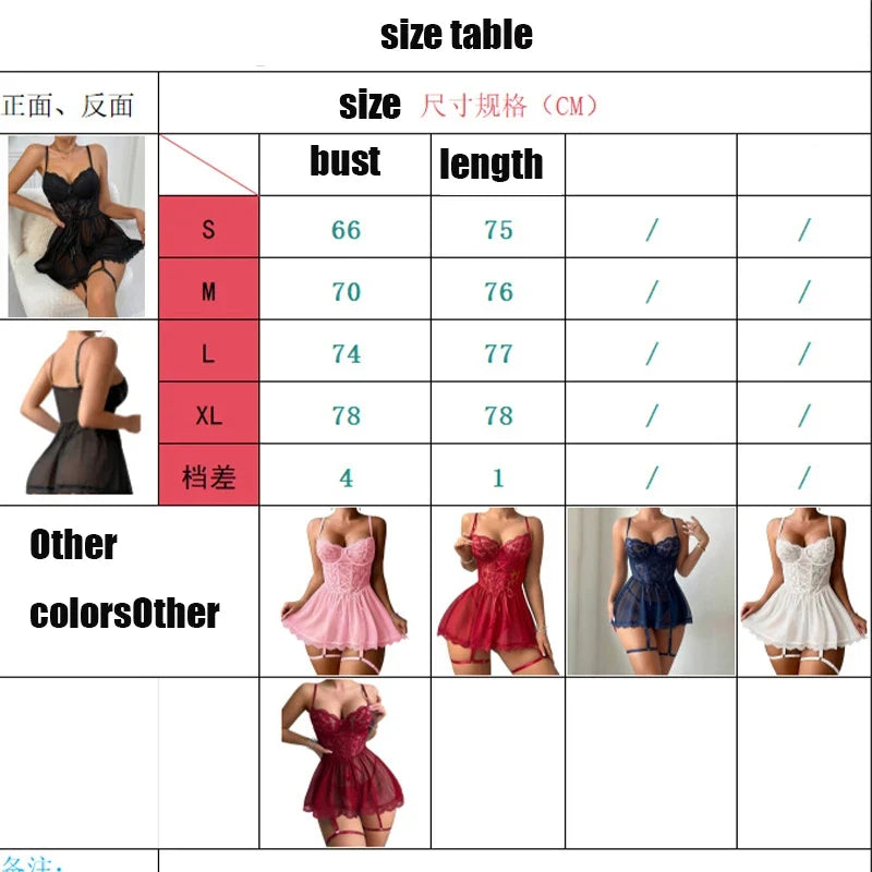New Sexy Lingerie For Woman Women Lace Hollow Bodysuit Baby Doll Garters Dress TransparentDeep V Open Bra And Panty Underwear