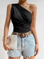 Women One Shoulder Pleated Tank Top Summer Solid Sleeveless Ruched T-shirt Streetwear Off the Shoulder Top