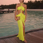 2025 women's backless sexy beach vacation dress with suspender collar pleated metal chain, new elegant vacation dress design