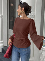 Women's Casual Solid Color Boat Neck Flare Sleeve T-Shirt Elegant Back Tie Slim Fit Long Sleeve Tops Spring/Fall