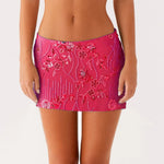 Women Sequin Mini Skirts Beaded Flower Y2k Pearl Embellished Low Rise Mini Bodycon Skirt Glitter Short Skirts Summer Streetwear