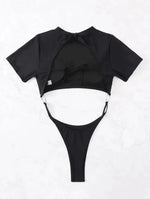 Bikini Women Swimsuit 2024 Blue Short Sleeve Hollow Out Thong Monokini Brazilian Beach Bathing Suit Push Up One Piece Swimwear