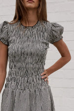 Women Smocked Dress Fashion Elegant Gingham Print Long Midi Dress Female Summer Short Sleeve Crew Neck Spring Dress Streetwear
