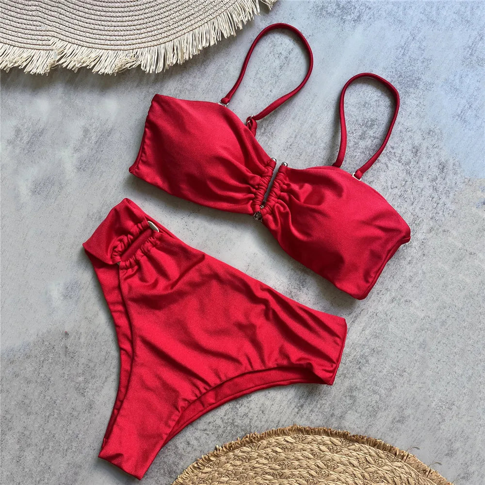 Brown Shiny U Shaped Bikini High Waist Sexy Swimsuit Women 2026 Wrinkled Solid Swimwears Bathing Suit Bandeau Bikinis Sets Mujer
